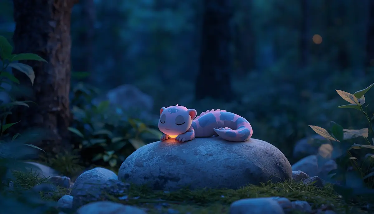 Ilustración del bosque nocturno y Lumina