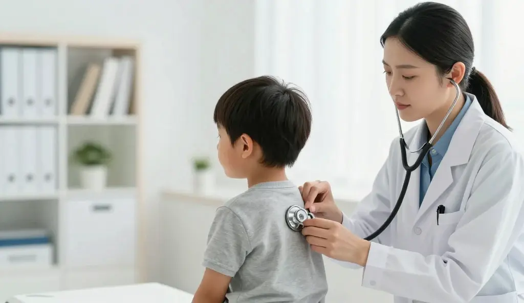 Fotografía de un médico auscultando la espalda de un niño